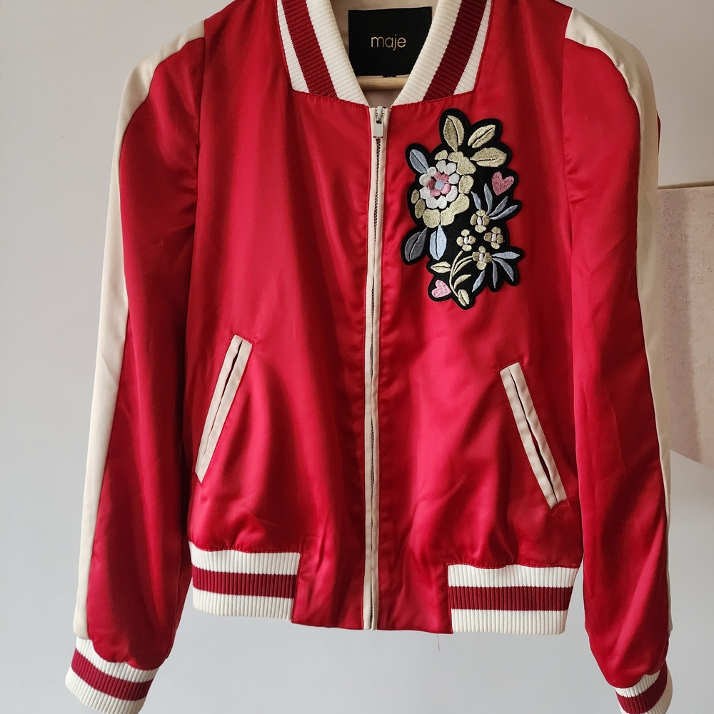 Maje Red Satin Bomber with Floral Embroidery